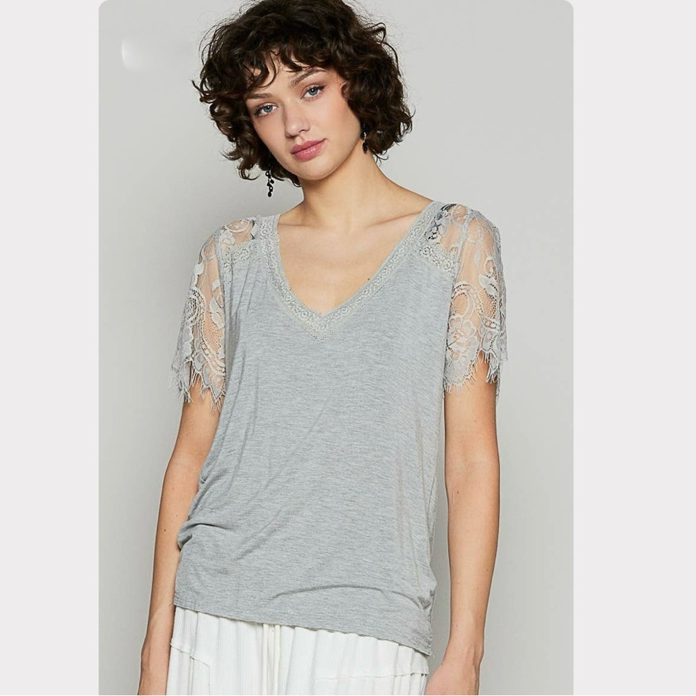 POL Gray Lace Sleeve Women's Blouse